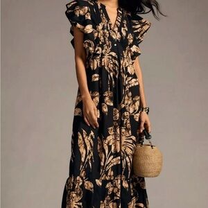 Anthropology Maeve Black Tan Leaf Print Dress maxi